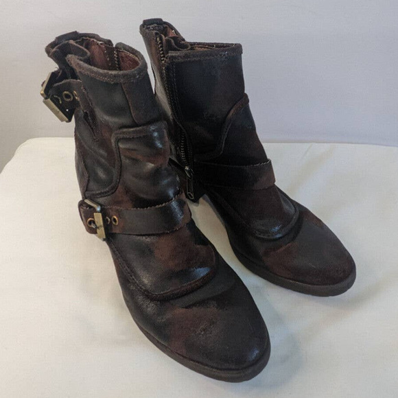 Donald J Pliner Delta Moto Boots Espresso Brown 6.5 Distressed Ankle Buckles - Picture 1 of 10